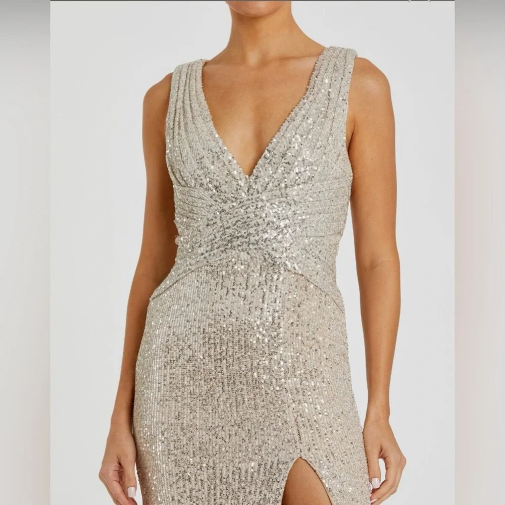 Mac Duggal Ieena 26598 V-Neck Wrap Waist Sequin Gown Dress New Champagne Formal